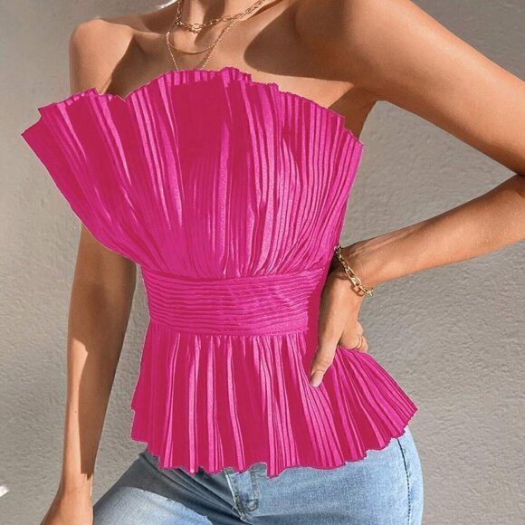 Black Boho Womens Solid Pleated Tube Top - Picture 3 of 5